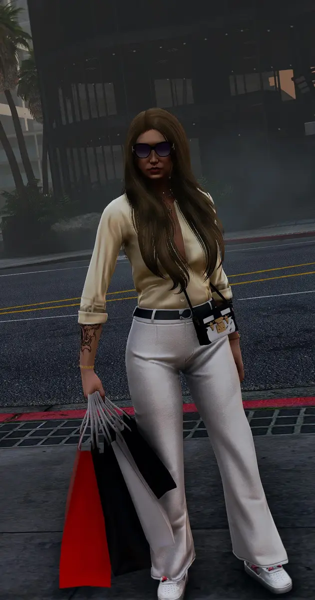 A player out shopping downtown with bags in hand