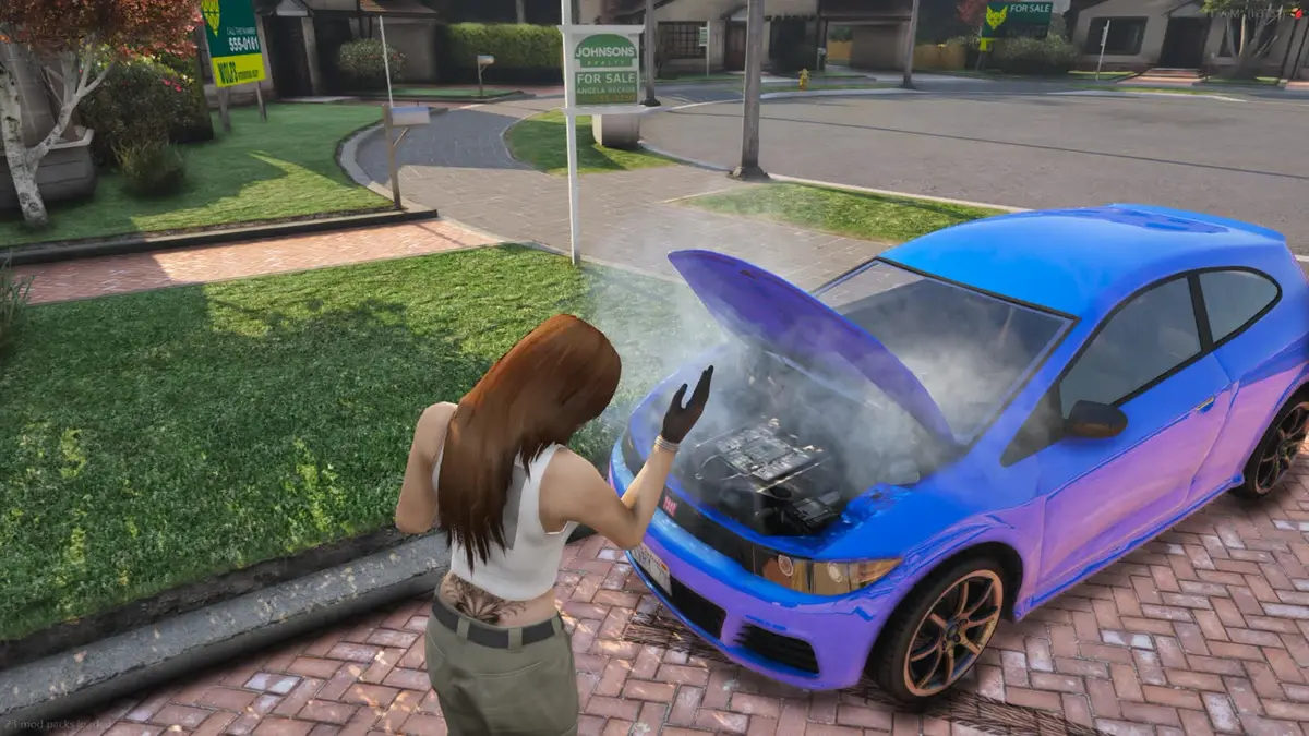 A driver looking under the smoking bonnet of a broken-down car