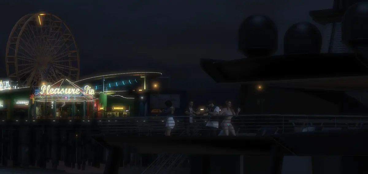 The pier lit up at night during Summerfest