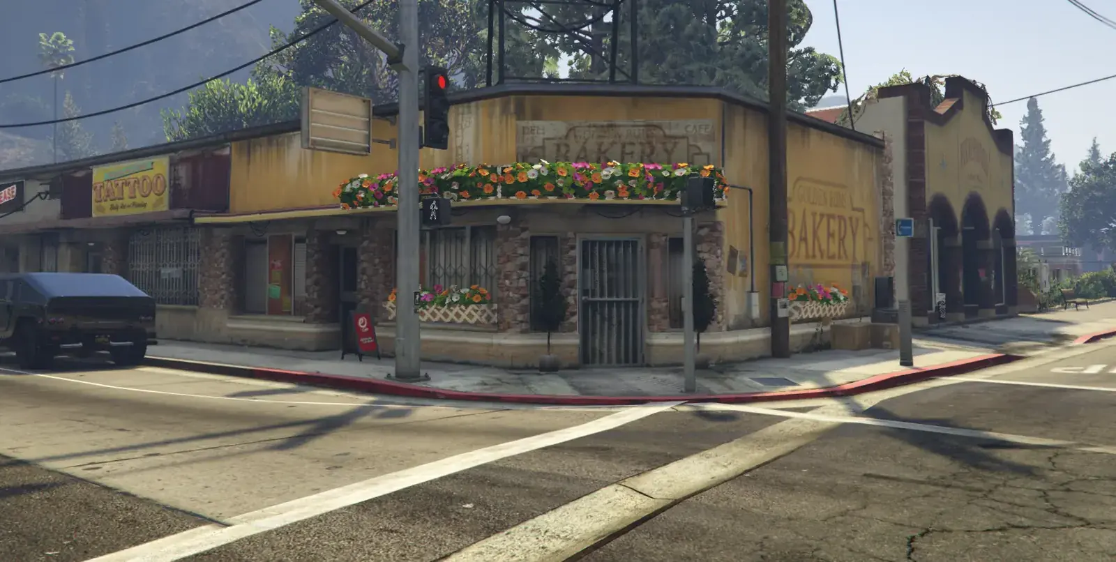 Krokus Flowers on a Paleto Bay street corner, its awning lined with window boxes beneath old bakery lettering