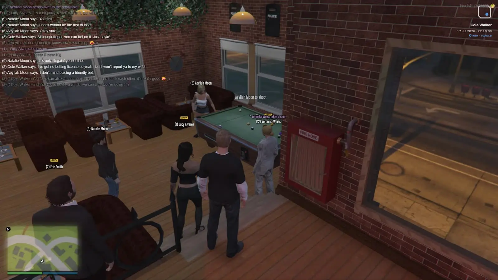 A pool hall scene in PlexaRP, with the chat window open in the top corner