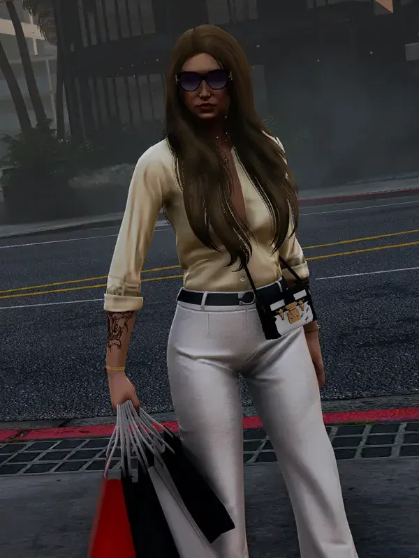A character carrying shopping bags on a street
