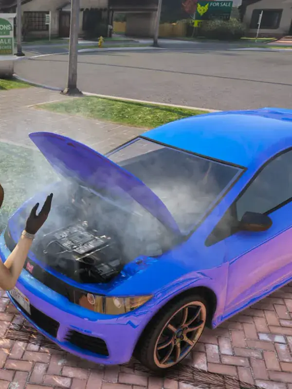A character at the open bonnet of a steaming blue car