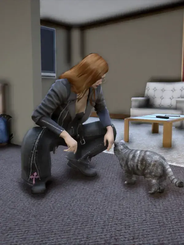 A character crouching to greet a cat in a furnished apartment