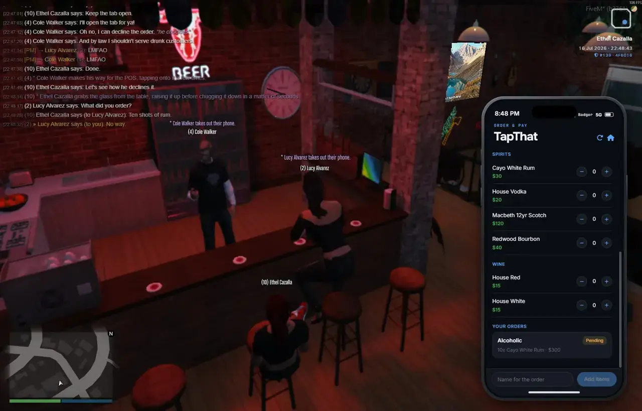 A player at a bar ordering drinks on the TapThat app on their in-game phone