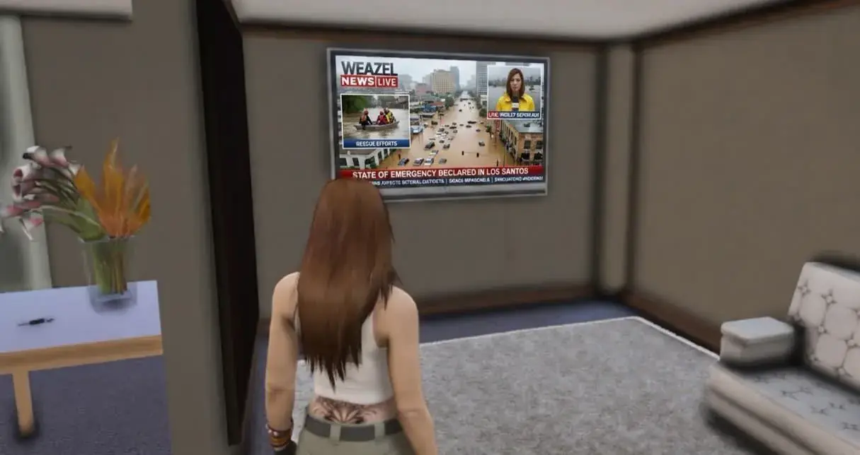 A character at home watching Weazel News 24 on a wall-mounted TV
