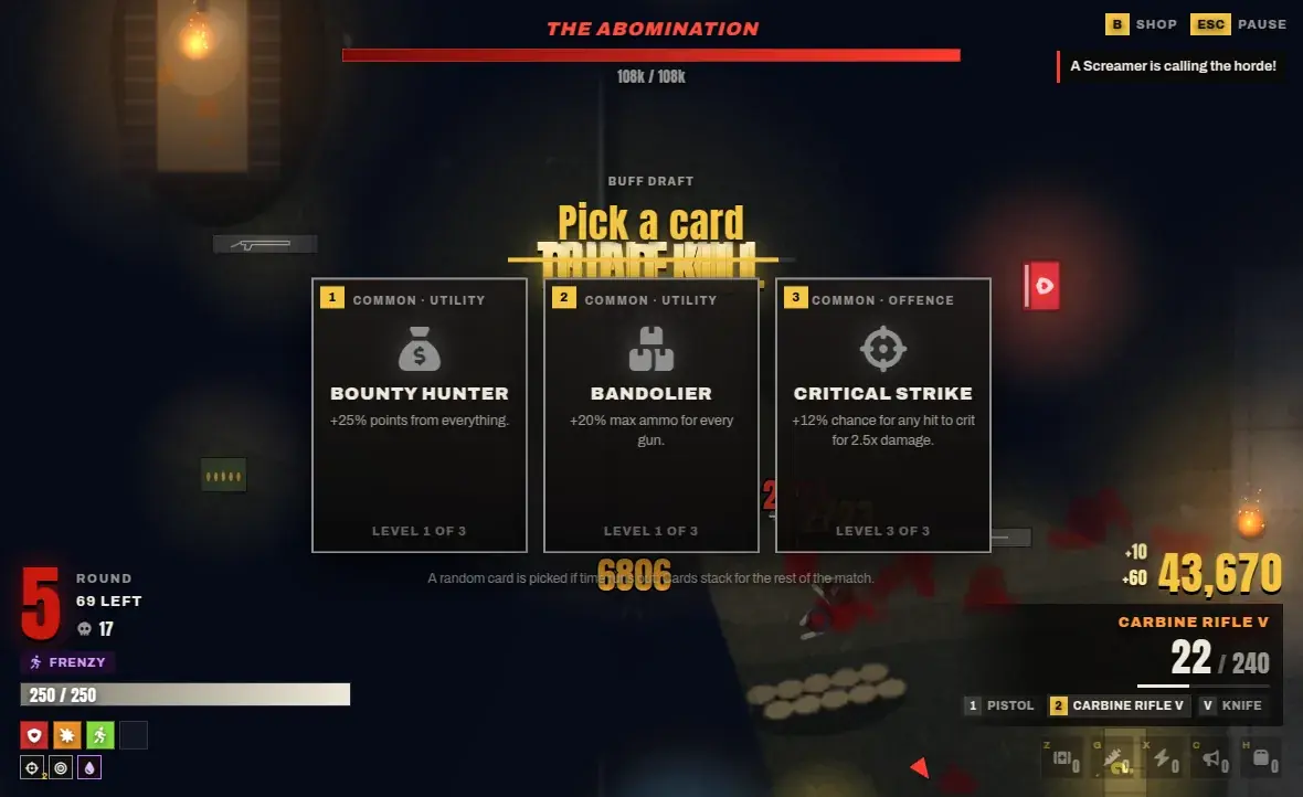 The buff draft in Zombiez arcade: three cards to choose from, Bounty Hunter, Bandolier and Critical Strike