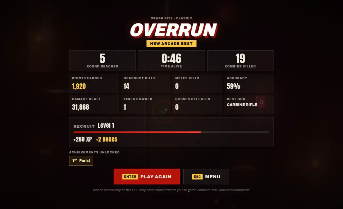 The end of a Zombiez arcade match: round reached, time alive, kills, accuracy and the arcade XP earned