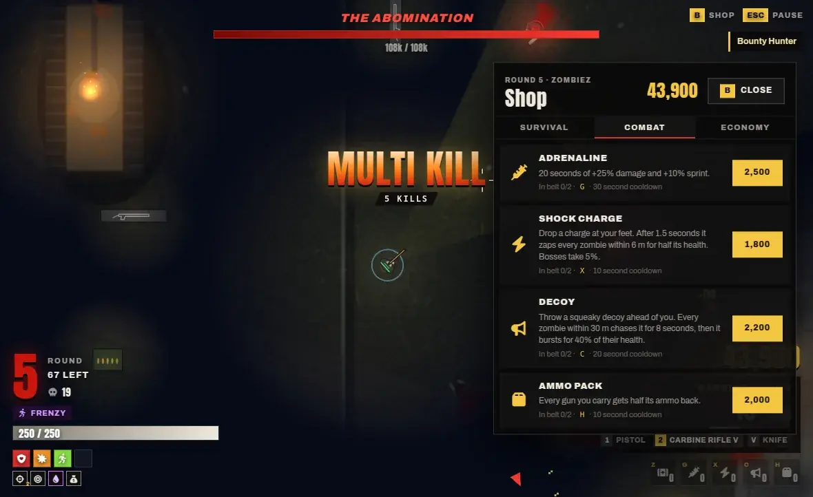 The in-match shop in Zombiez arcade with Adrenaline, Shock Charge, Decoy and Ammo Pack