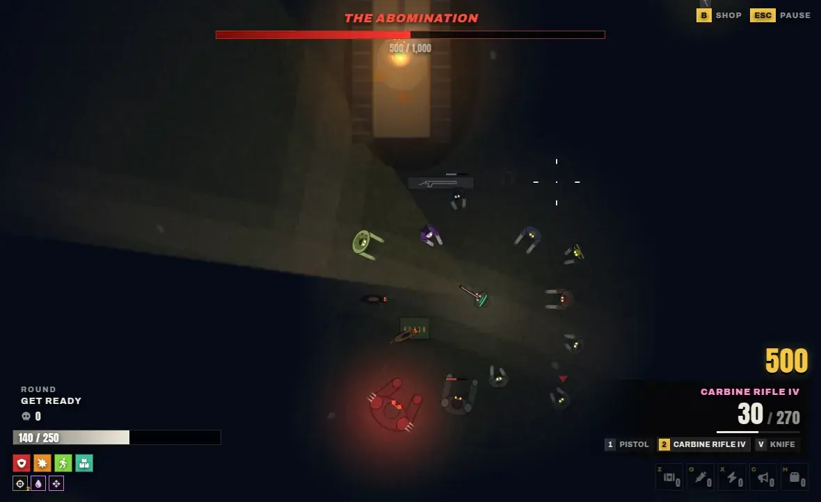 Zombiez arcade from above: a player with a carbine rifle holding off the horde at night under the Abomination's health bar