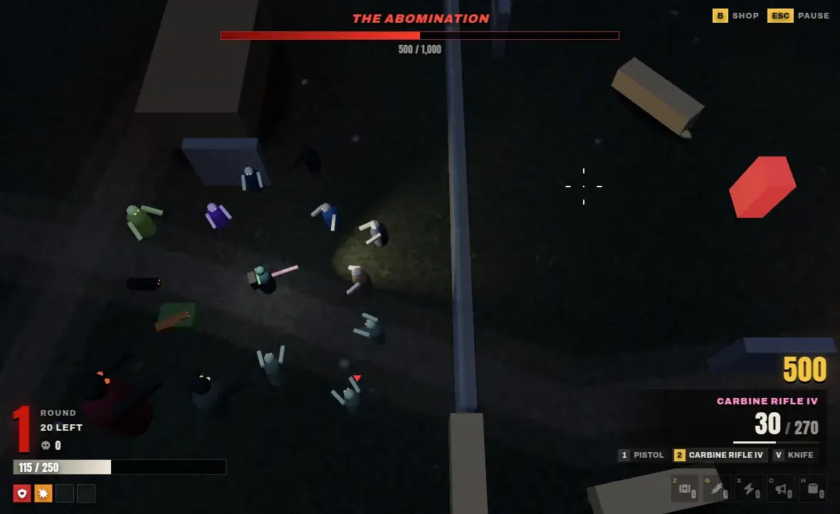 The 3D view of Zombiez arcade, in beta: the Crash Site drawn in 3D with lit props, zombies and the boss bar