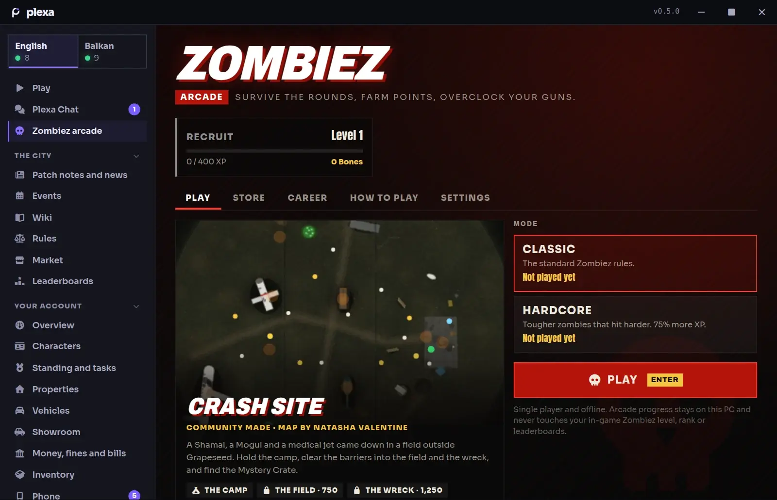 The Zombiez arcade menu in the launcher: level and Bones, the Crash Site map, Classic and Hardcore modes and a Play button