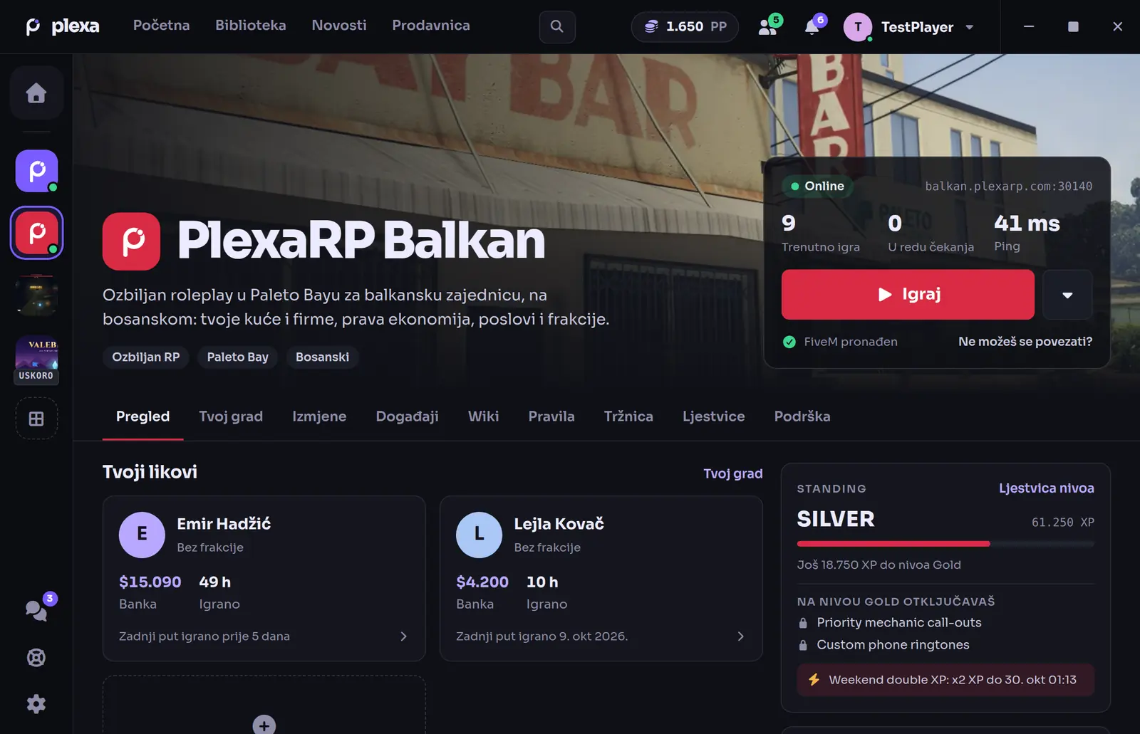 The PlexaRP Balkan page in red, in Bosnian, with its own Play button
