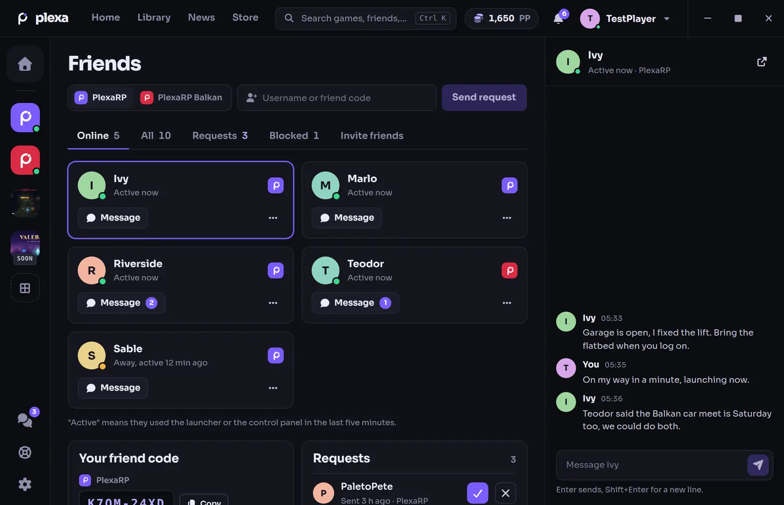 The Friends page: friends online with Message buttons, the friend code box and a conversation on the right
