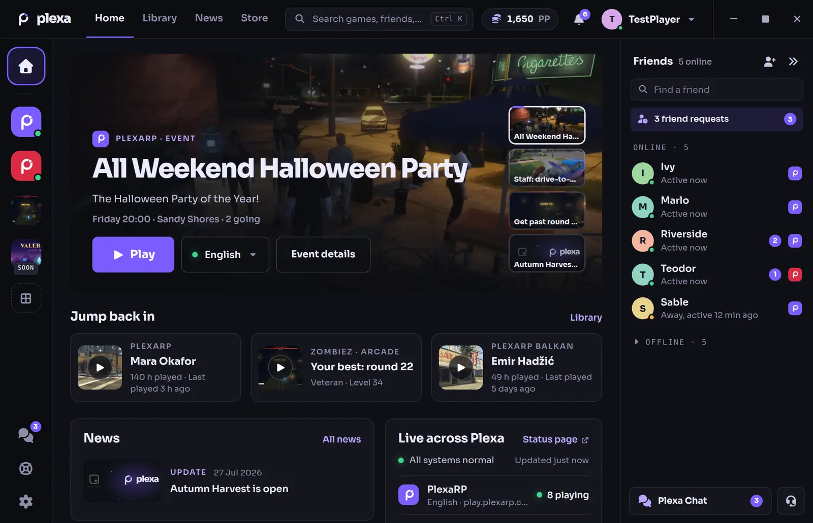 The Plexa launcher Home screen: the game rail on the left, an event with a Play button, Jump back in, news, live server status and the friends list on the right