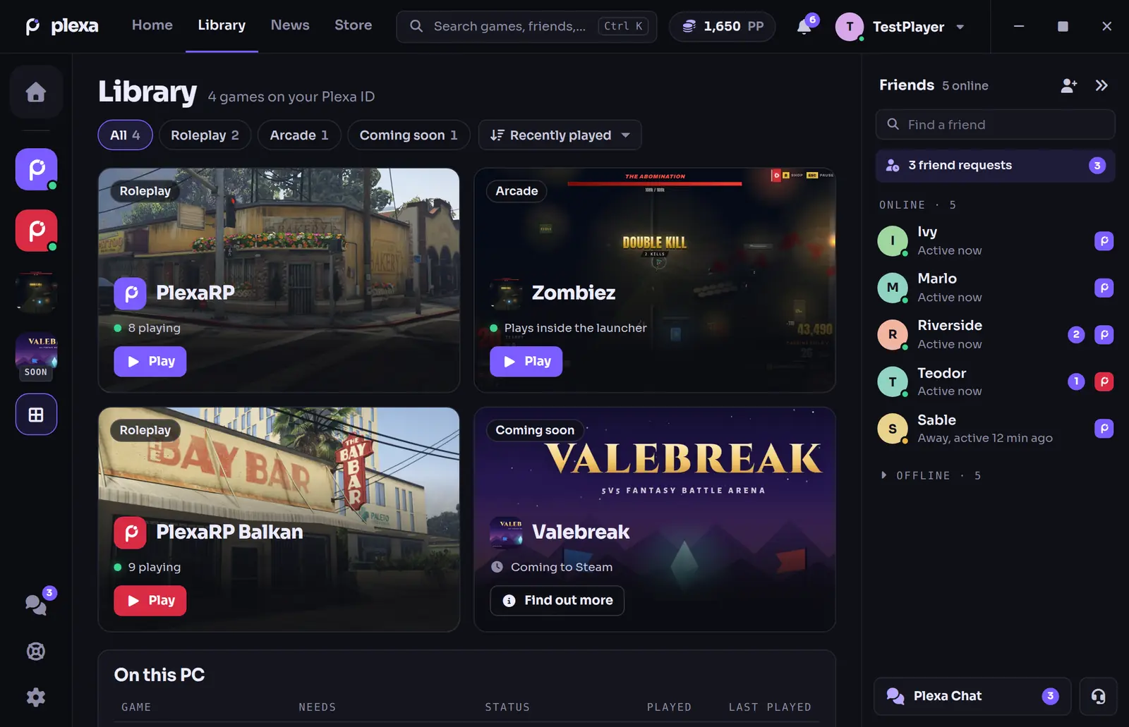 The Library: PlexaRP, Zombiez, PlexaRP Balkan and Valebreak as cards with Play buttons