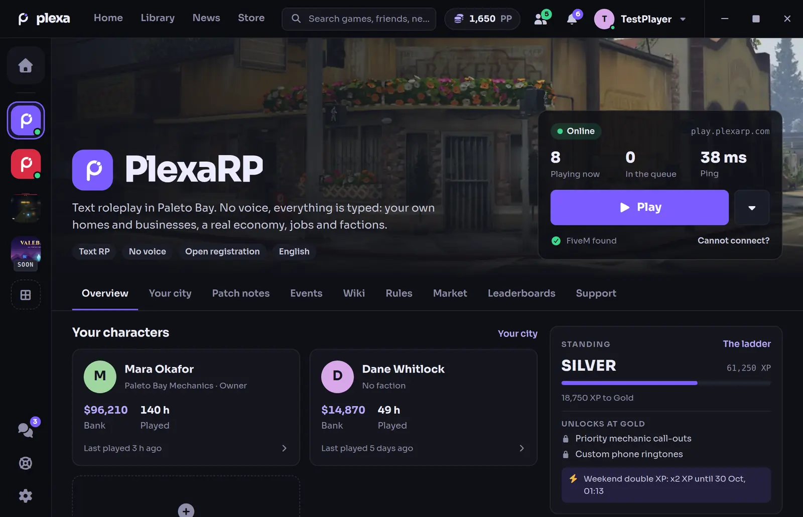 The PlexaRP page in the launcher: player count, ping and Play, the tabs, two characters and the standing ladder
