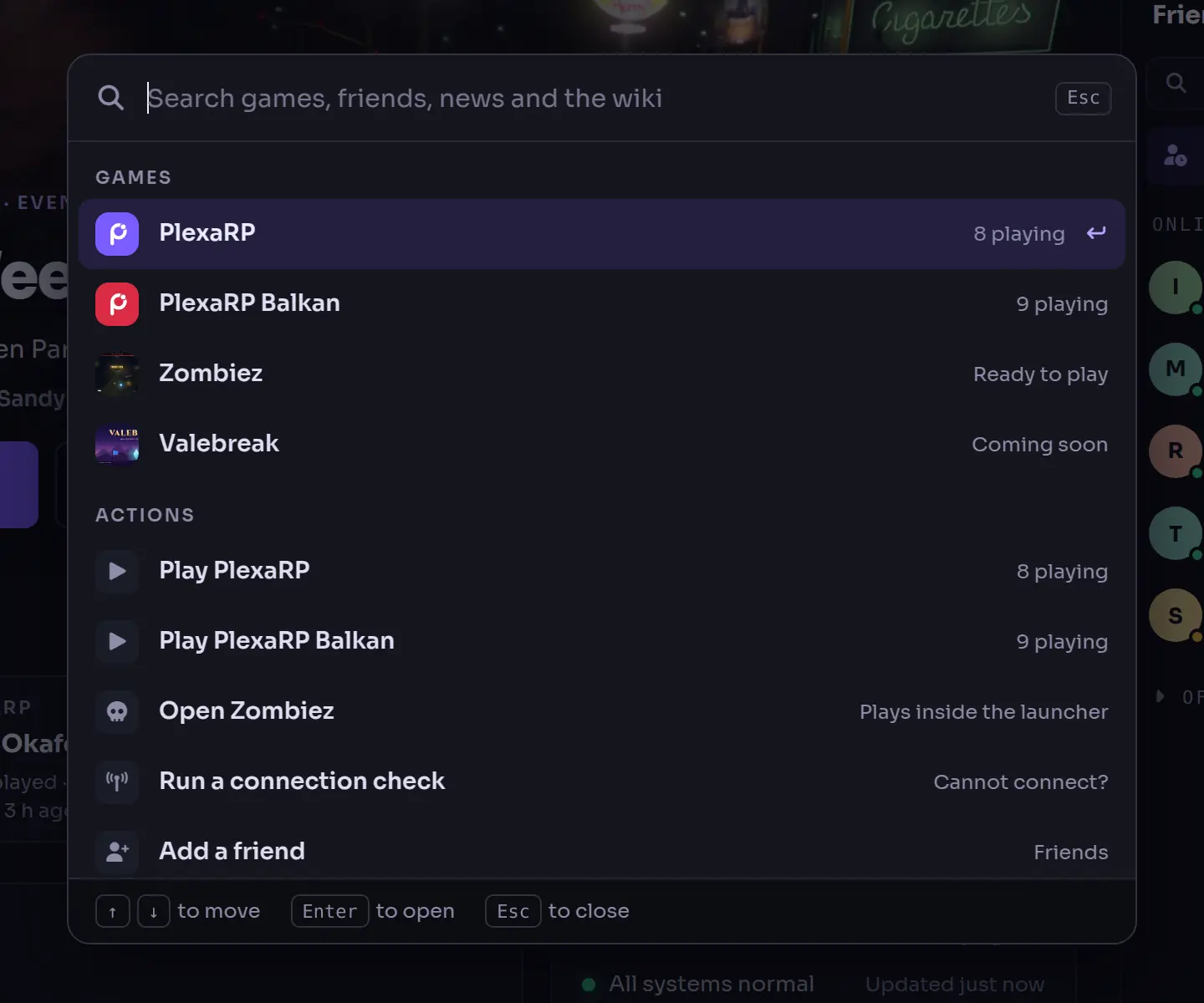 The Ctrl K search open over Home, listing the four games and quick actions such as Play PlexaRP and Run a connection check