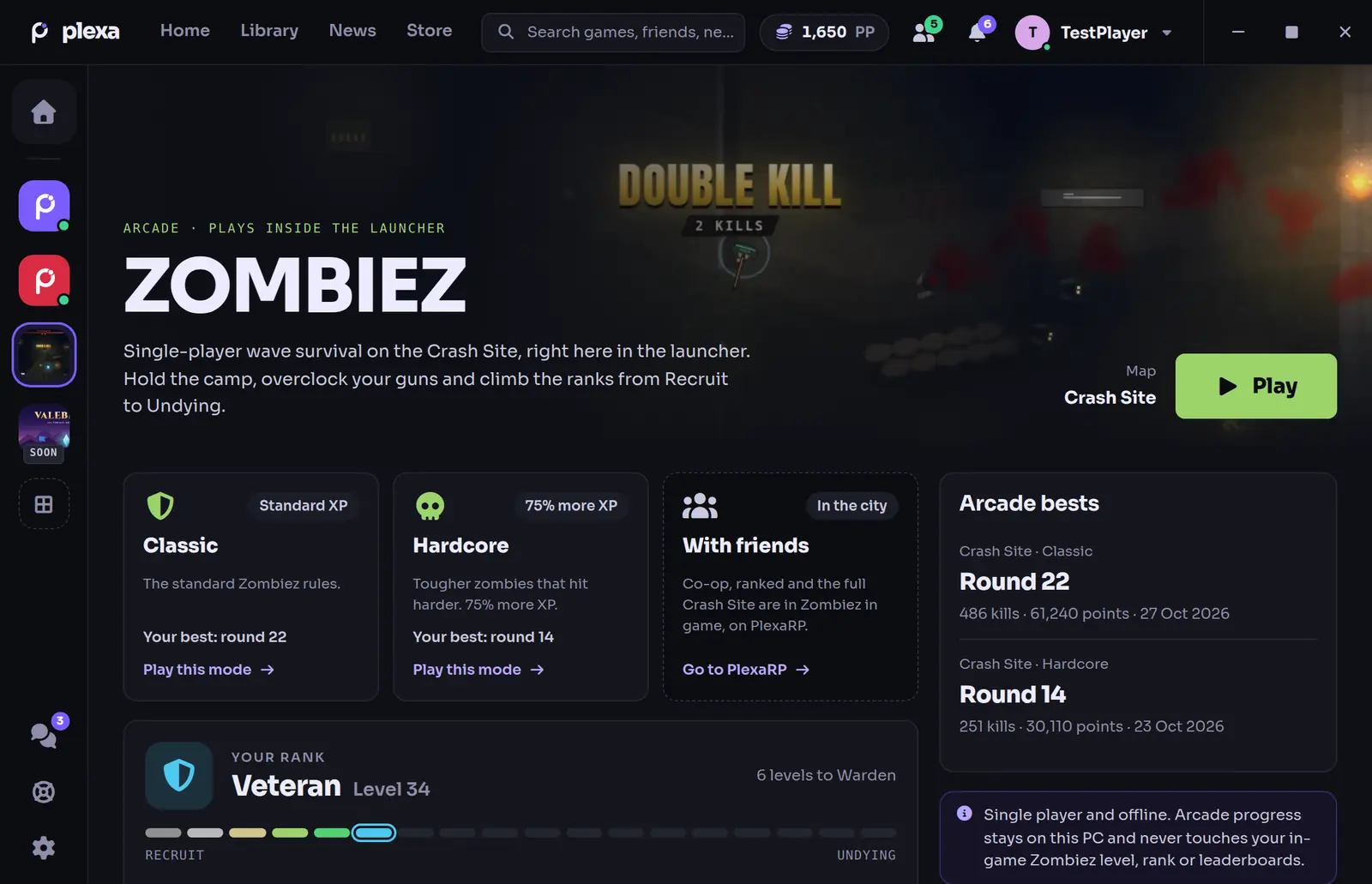 The Zombiez page: Classic and Hardcore mode cards, arcade bests and the rank ladder from Recruit to Undying