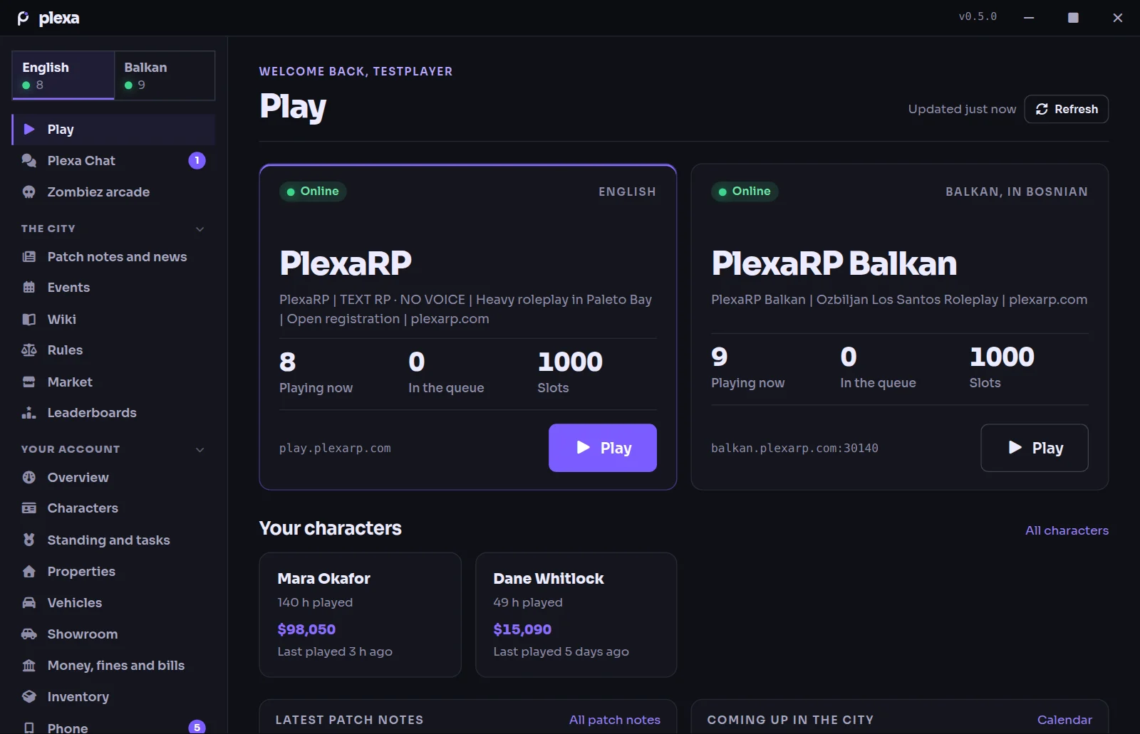 The Plexa launcher showing PlexaRP and PlexaRP Balkan with live player counts and Play buttons