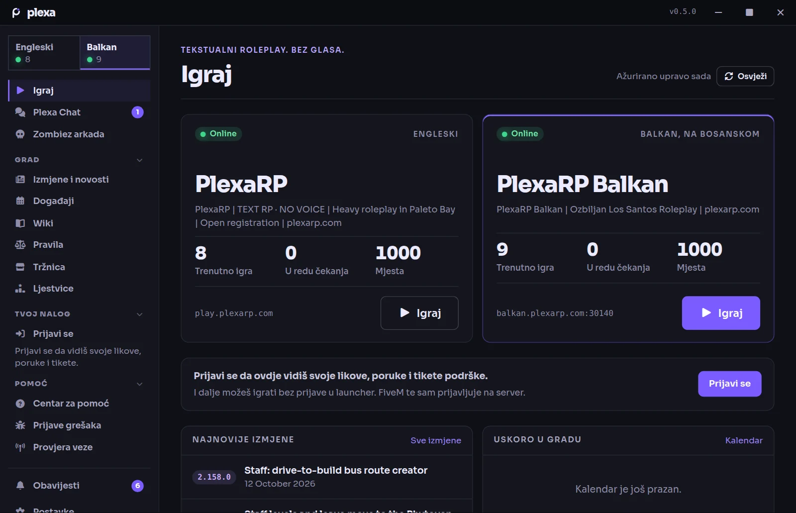 Plexa launcher prikazuje PlexaRP i PlexaRP Balkan s brojem igrača uživo i dugmadima Igraj